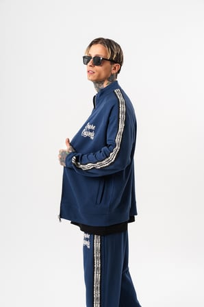 Erkek Splash Şerit Detaylı Dik Yaka Doubleface Zip Oversize Sweatshirt Lacivert