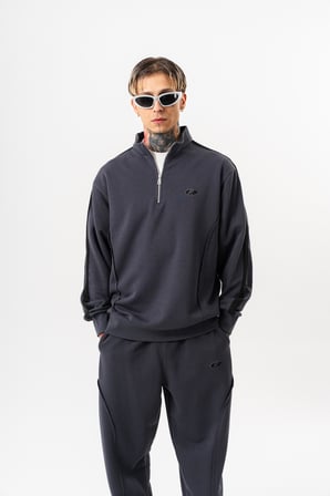 Erkek Pis Dikiş Detaylı Yarım Fermuarlı Diagonel Sweatshirt Füme