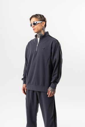 Erkek Pis Dikiş Detaylı Yarım Fermuarlı Diagonel Sweatshirt Füme