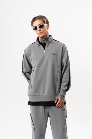 Erkek Pis Dikiş Detaylı Yarım Fermuarlı Diagonel Sweatshirt Gri