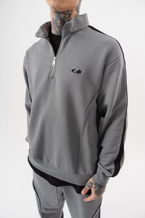 Erkek Pis Dikiş Detaylı Yarım Fermuarlı Diagonel Sweatshirt Gri