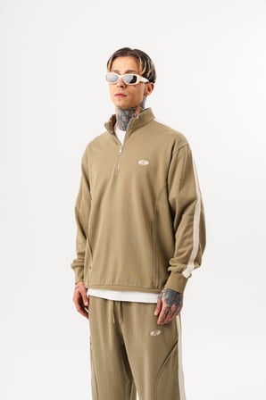 Erkek Pis Dikiş Detaylı Yarım Fermuarlı Diagonel Sweatshirt Haki