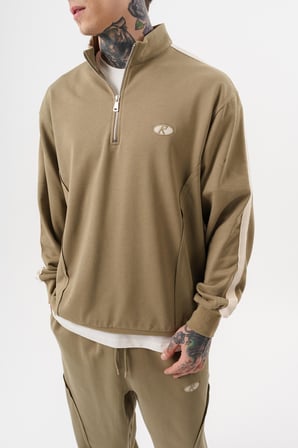 Erkek Pis Dikiş Detaylı Yarım Fermuarlı Diagonel Sweatshirt Haki