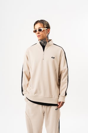 Erkek Pis Dikiş Detaylı Yarım Fermuarlı Diagonel Sweatshirt Bej