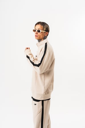 Erkek Pis Dikiş Detaylı Yarım Fermuarlı Diagonel Sweatshirt Bej