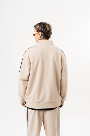 Erkek Pis Dikiş Detaylı Yarım Fermuarlı Diagonel Sweatshirt Bej