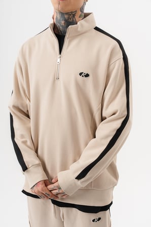 Erkek Pis Dikiş Detaylı Yarım Fermuarlı Diagonel Sweatshirt Bej