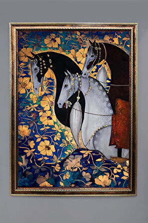 Üç At Desenli Dijital Baskılı Kadife Kumaş Çerçeveli Tablo TBL0048