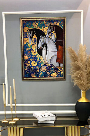 Üç At Desenli Dijital Baskılı Kadife Kumaş Çerçeveli Tablo TBL0048