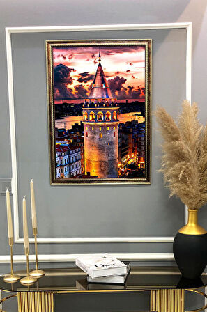 Galata Kulesi Desenli Dijital Baskılı Kadife Kumaş Çerçeveli Tablo TBL0053