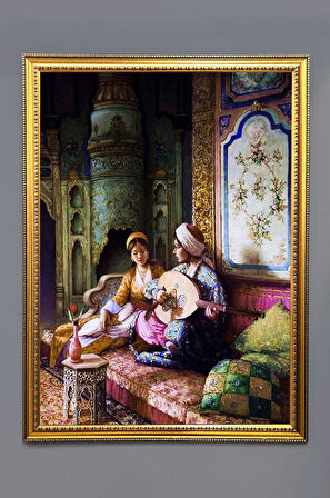 Ud Öğrenen Hanım Sultan Dijital Baskılı Kadife Kumaş Çerçeveli Tablo TBL0054