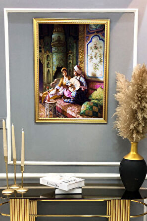 Ud Öğrenen Hanım Sultan Dijital Baskılı Kadife Kumaş Çerçeveli Tablo TBL0054