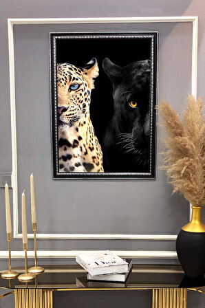 Jaguar ve Leopar Desenli Dijital Baskılı Kadife Kumaş Çerçeveli Tablo TBL0063