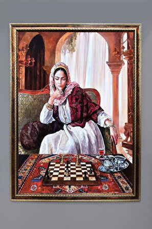 Satranç Oynayan Kadın Desenli Dijital Baskılı Kadife Kumaş Çerçeveli Tablo TBL0064