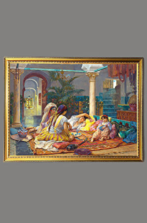 Haremde Yaşam Desenli Dijital Baskılı Kadife Kumaş Çerçeveli Tablo TBL0066