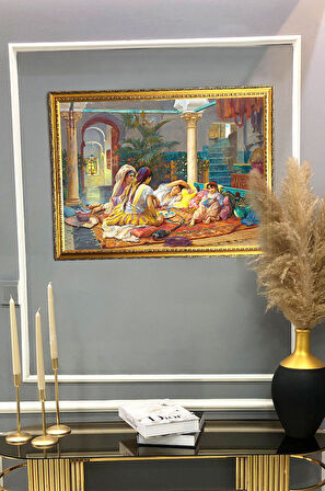 Haremde Yaşam Desenli Dijital Baskılı Kadife Kumaş Çerçeveli Tablo TBL0066