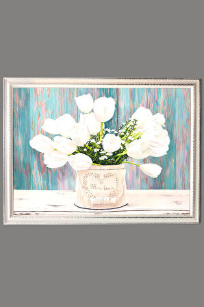 Beyaz Lale Vazosu Desenli Dijital Baskılı Kadife Kumaş Çerçeveli Tablo TBL0074