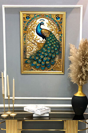 Tavuskuşu Desenli Dijital Baskılı Kadife Kumaş Çerçeveli Tablo TBL0082