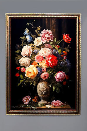 Vazoda Renkli Çiçekler Desenli Dijital Baskılı Kadife Kumaş Çerçeveli Tablo TBL0090