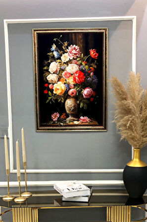 Vazoda Renkli Çiçekler Desenli Dijital Baskılı Kadife Kumaş Çerçeveli Tablo TBL0090