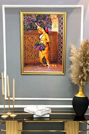 Üzüm Toplayan Kadın Desenli Dijital Baskılı Kadife Kumaş Çerçeveli Tablo TBL0011