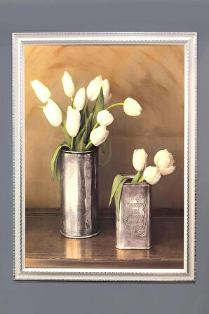 Beyaz Lale Vazosu Desenli Dijital Baskılı Kadife Kumaş Çerçeveli Tablo TBL0012