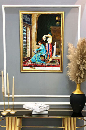 Osmanlı Harem Desenli Dijital Baskılı Kadife Kumaş Çerçeveli Tablo TBL0014