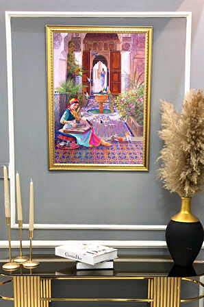 Kanun Çalan Kadın Figürü Desenli Dijital Baskılı Kadife Kumaş Çerçeveli Tablo TBL0015