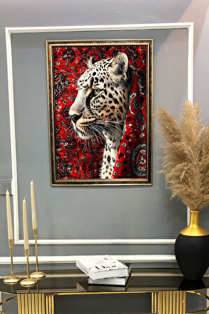İran Halısına Sarılmış Leopar Desenli Dijital Baskılı Kadife Kumaş Çerçeveli Tablo TBL0026