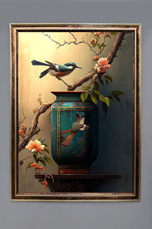 Dekoratif Kuş Desenli Dijital Baskılı Kadife Kumaş Çerçeveli Tablo TBL0029