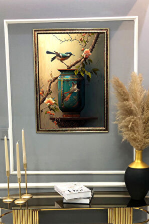 Dekoratif Kuş Desenli Dijital Baskılı Kadife Kumaş Çerçeveli Tablo TBL0029