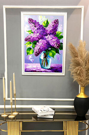 Sümbül Vazosu Desenli Dijital Baskılı Kadife Kumaş Çerçeveli Tablo TBL0036