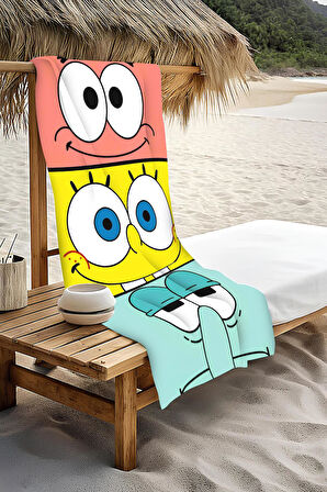 Dijital Baskı Plaj Deniz Havlusu Sünger Bob Desenli Peştamal HVL0203