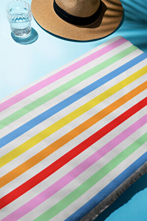 Dijital Baskı Plaj Deniz Havlusu Renkli Çizgiler Desenli Peştamal HVL0205