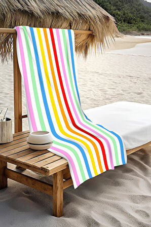 Dijital Baskı Plaj Deniz Havlusu Renkli Çizgiler Desenli Peştamal HVL0205