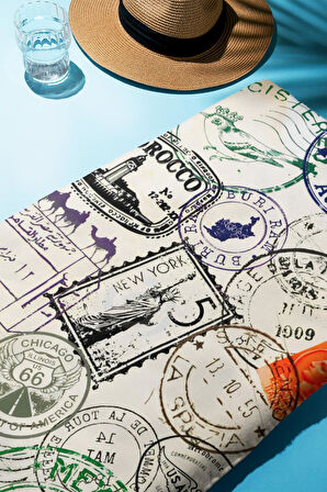 Dijital Baskı Plaj Deniz Havlusu Posta Pulu Desenli Peştamal HVL0228