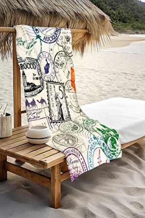 Dijital Baskı Plaj Deniz Havlusu Posta Pulu Desenli Peştamal HVL0228