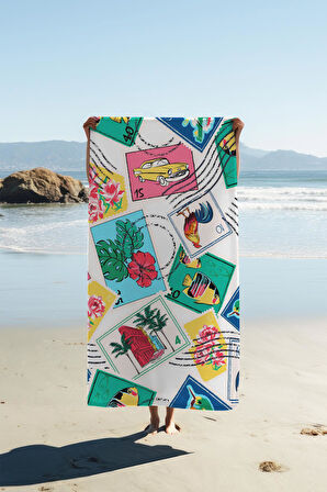 Dijital Baskı Plaj Deniz Havlusu Posta Pulu Desenli Peştamal HVL0094