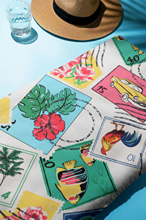 Dijital Baskı Plaj Deniz Havlusu Posta Pulu Desenli Peştamal HVL0094