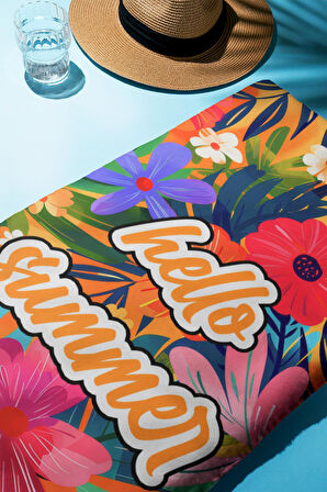 Dijital Baskı Plaj Deniz Havlusu Hello Summer Desenli Peştamal HVL0095