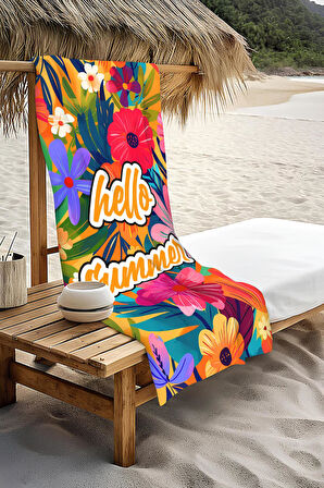 Dijital Baskı Plaj Deniz Havlusu Hello Summer Desenli Peştamal HVL0095