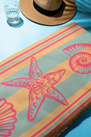 Dijital Baskı Plaj Deniz Havlusu Deniz Kabuğu Deniz Yıldızı Desenli Peştamal HVL0113