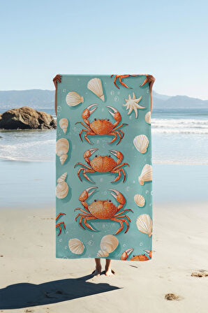 Dijital Baskı Plaj Deniz Havlusu Yengeç Desenli Peştamal HVL0115