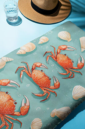 Dijital Baskı Plaj Deniz Havlusu Yengeç Desenli Peştamal HVL0115