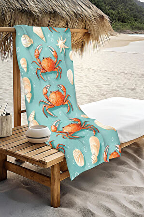 Dijital Baskı Plaj Deniz Havlusu Yengeç Desenli Peştamal HVL0115