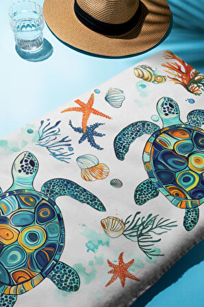 Dijital Baskı Plaj Deniz Havlusu Kaplumbağa Desenli Peştamal HVL0117
