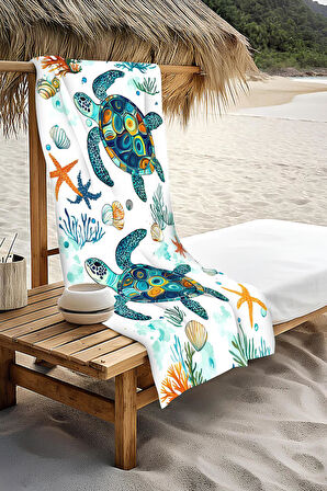 Dijital Baskı Plaj Deniz Havlusu Kaplumbağa Desenli Peştamal HVL0117