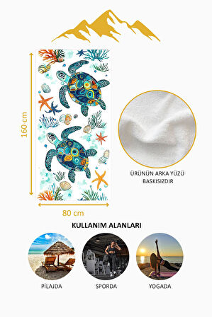 Dijital Baskı Plaj Deniz Havlusu Kaplumbağa Desenli Peştamal HVL0117