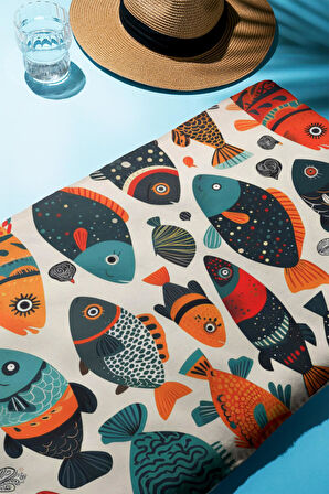 Dijital Baskı Plaj Deniz Havlusu Balık Desenli Peştamal HVL0118