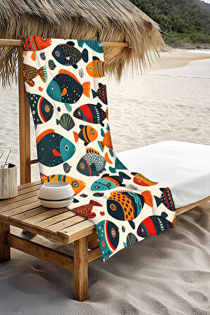 Dijital Baskı Plaj Deniz Havlusu Balık Desenli Peştamal HVL0118